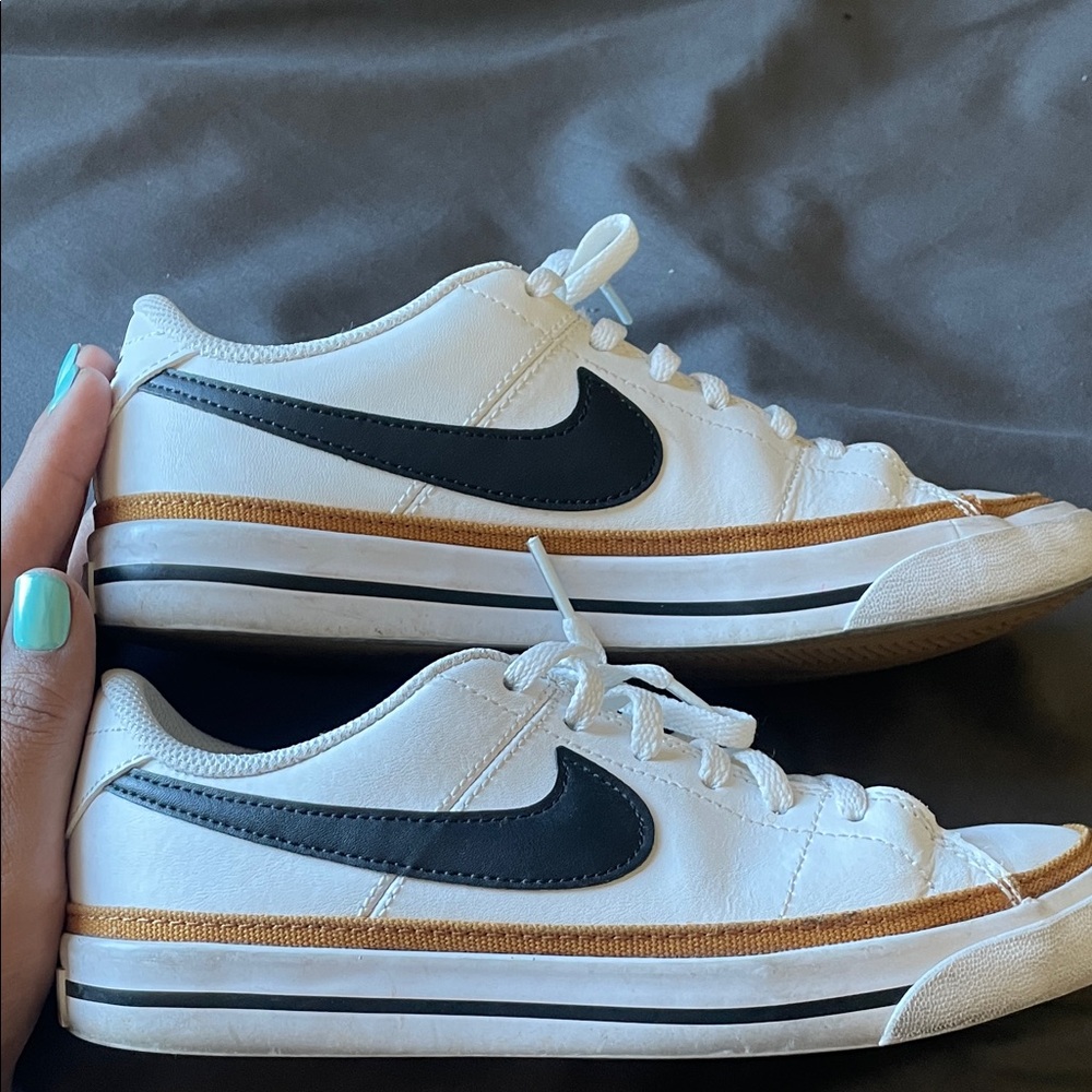 Nike White Sneakers with Black Swoosh and Tan Trim